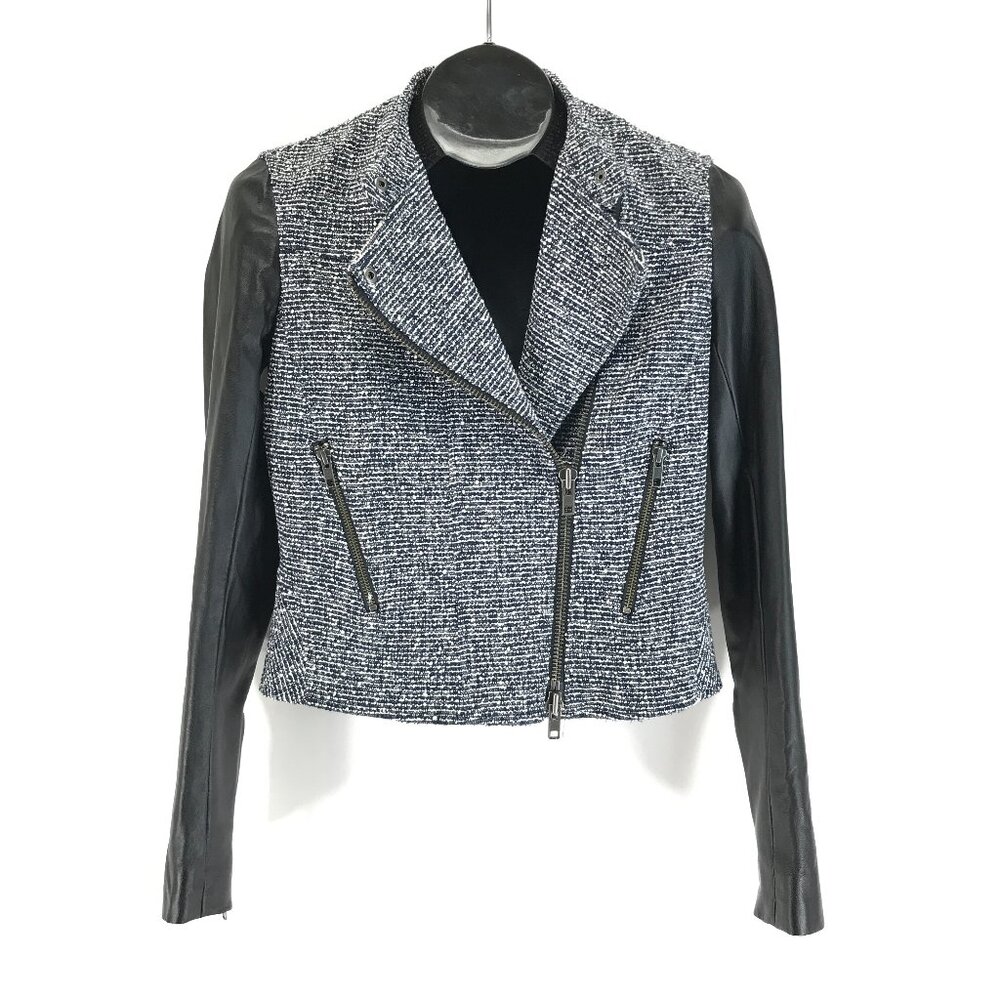 Theory Kinde Boucle Moto Jacket Women's Size 2 Lamb Leather Tweed Peplum Biker